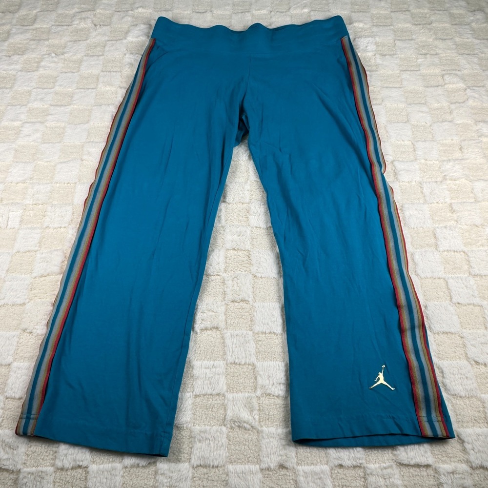 Women's Jordan Cropped Joggers Size 12/14 L Aqua w/ Rainbow Stripes Gold Accents